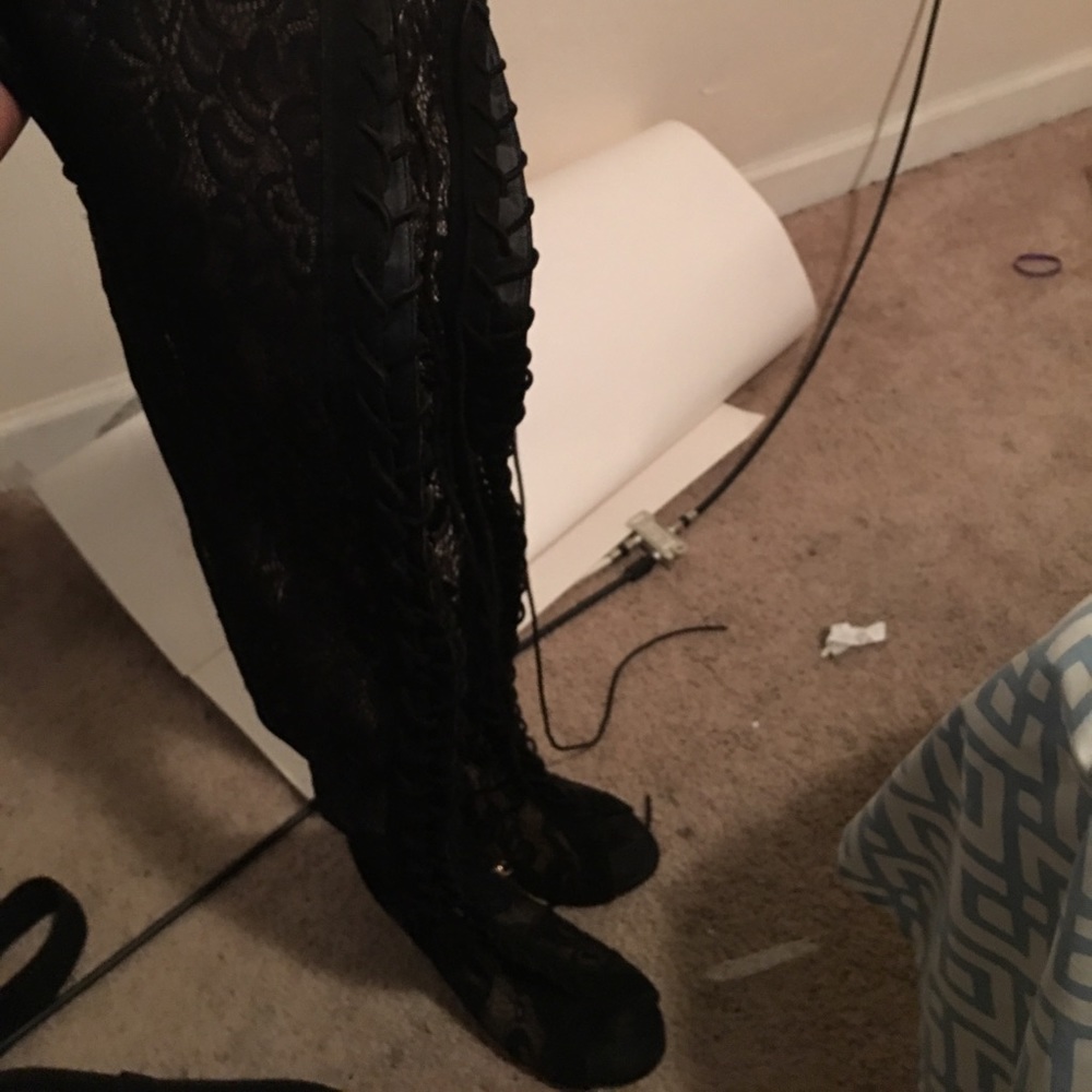 All black lace knee high heel boots size 7